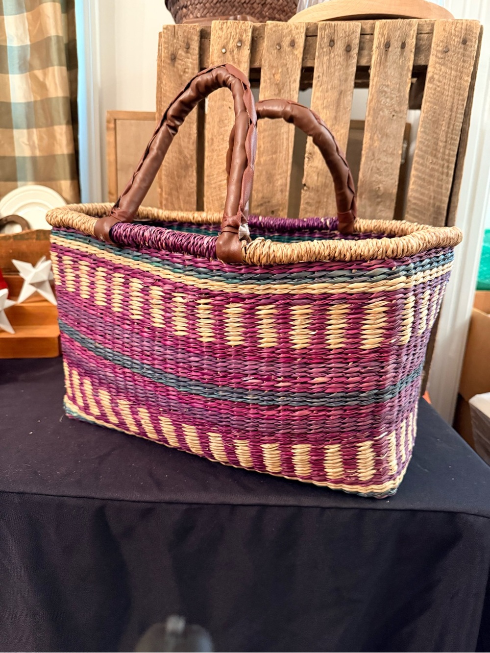 Handwoven Purple Straw Tote Bag with Brown Handles